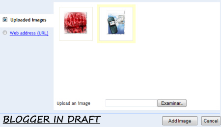 cajón de insertar imágenes en Blogger in Draft