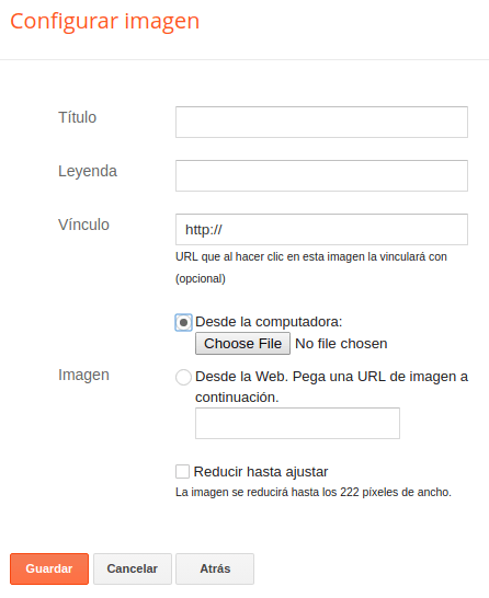 Captura del formulario de configuración del widget de Image tal como esta listado en Blogger