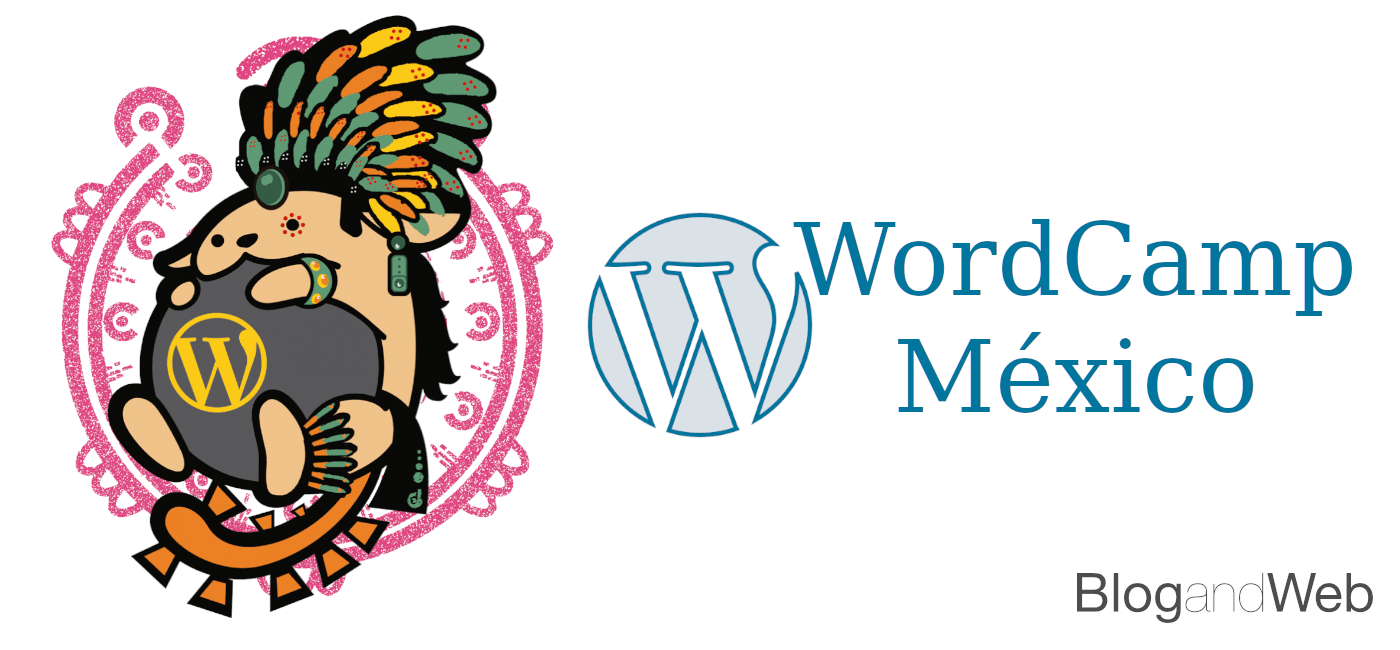 Logo de WordCamp México e ilustración con la mascota de WordPress en estilo prehispánico..