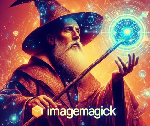 Un mago con sombrero de pico con un bastón con una luz de magia en la punta. El texto Image Magick en la parte baja.